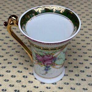 Nantucket Home Porcelain Mug Gold Handle Floral Rose Green Trim Elegant